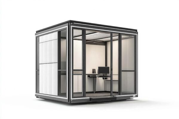 Rendering 3D di cabina industriale insonorizzata