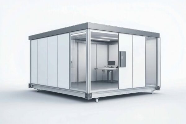 Rendering 3D di cabina industriale insonorizzata