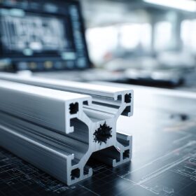 Primo piano di profili in alluminio LPM con progettazione CAD sullo sfondo