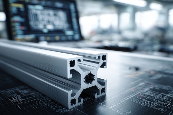 Primo piano di profili in alluminio LPM con progettazione CAD sullo sfondo