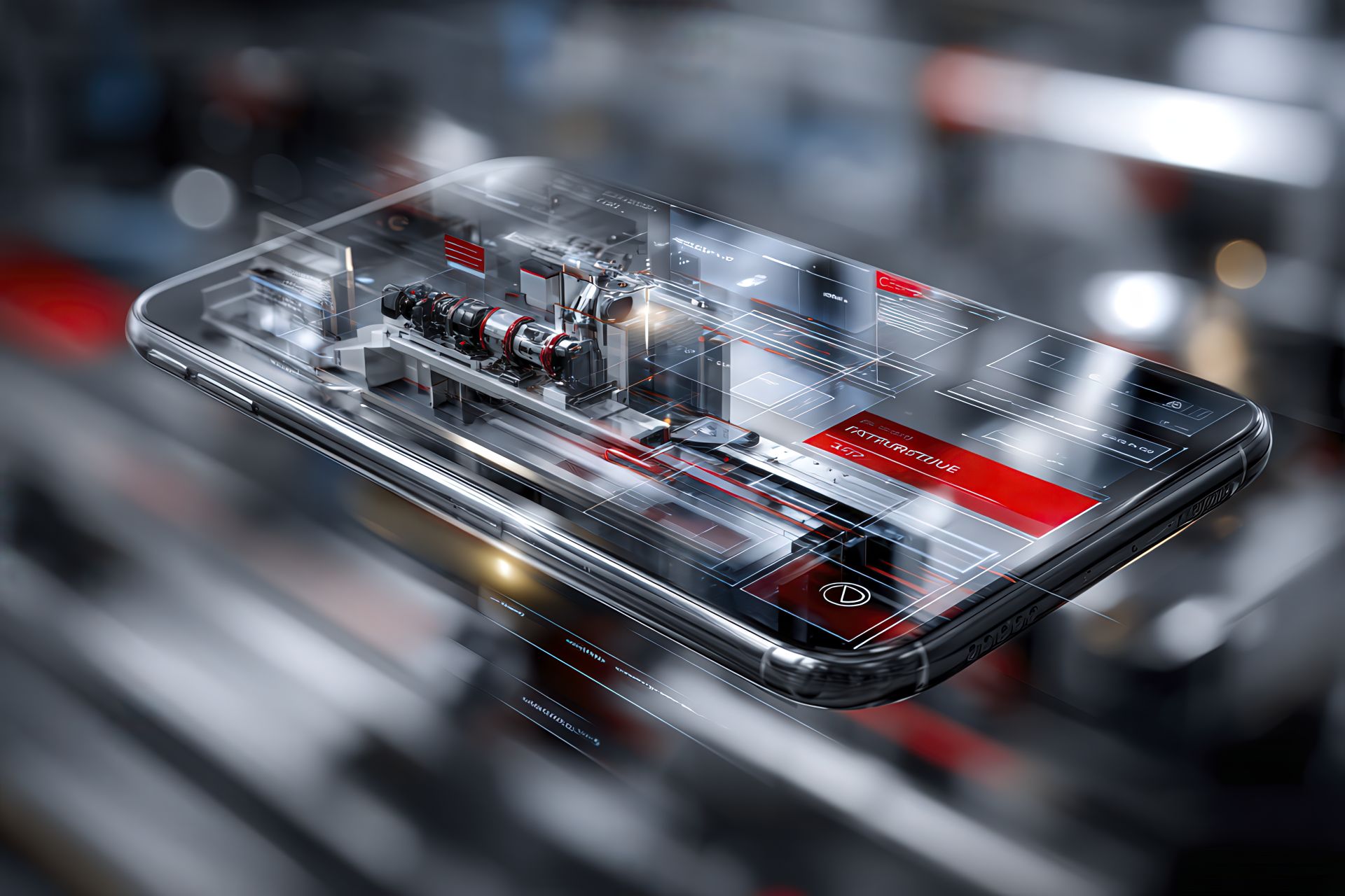 Protezioni industriali con overlay CAD e smartphone layer-masked con icone di contatto astratte; palette #c72831 / #1e316b, spazio per headline