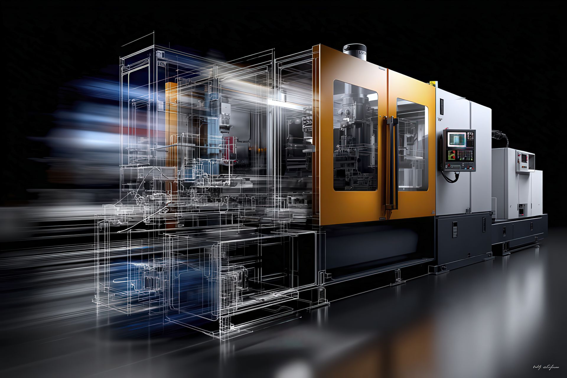 Alt: Ripari trasparenti in policarbonato su telai in alluminio T-slot, porte interbloccate, cerniere quick-release e passaggi cavo; overlay CAD semi-trasparente con quote e dettagli; effetto zoom; palette #c72831 / #1e316b.