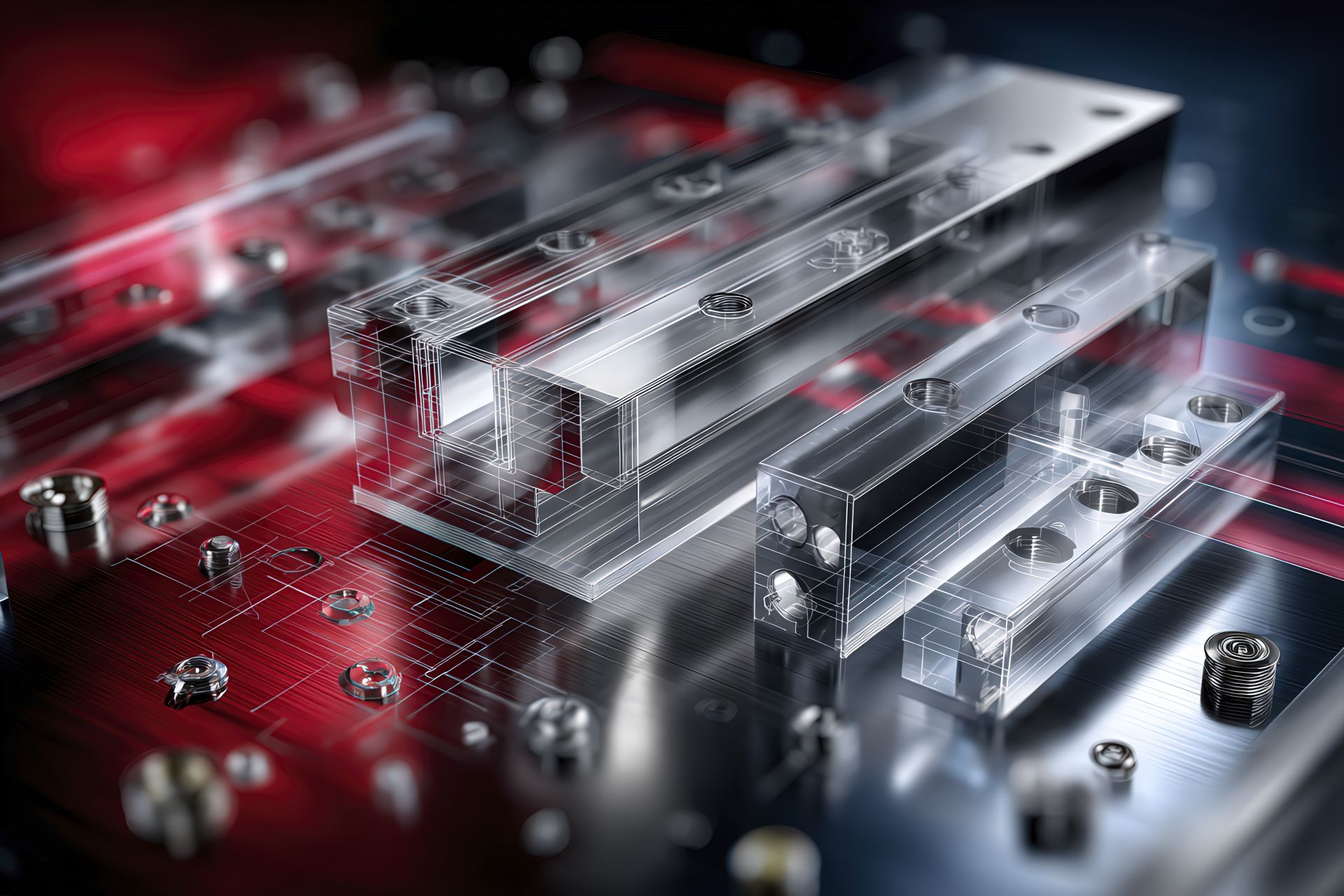 Staffa in alluminio CNC e piastra in policarbonato con fori svasati, campioni di plastiche tecniche; overlay CAD semi-trasparente e insets mascherati; palette #c72831 / #1e316b.