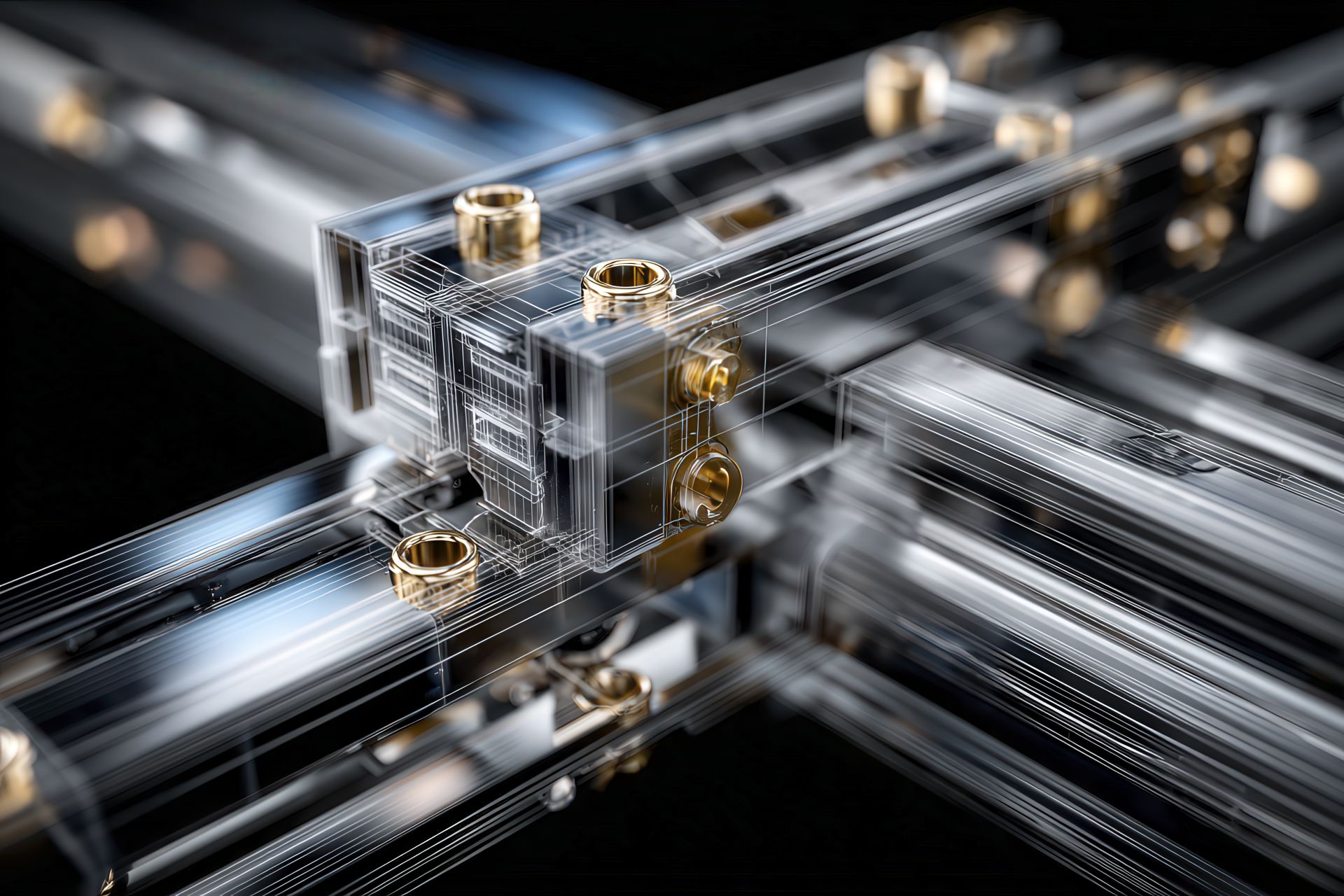 Telai T-slot assemblati con angoli rinforzati e pannelli sigillati; overlay CAD con linee quota; insets mascherati (passaggi cavi, sgancio rapido); luce cinematografica.