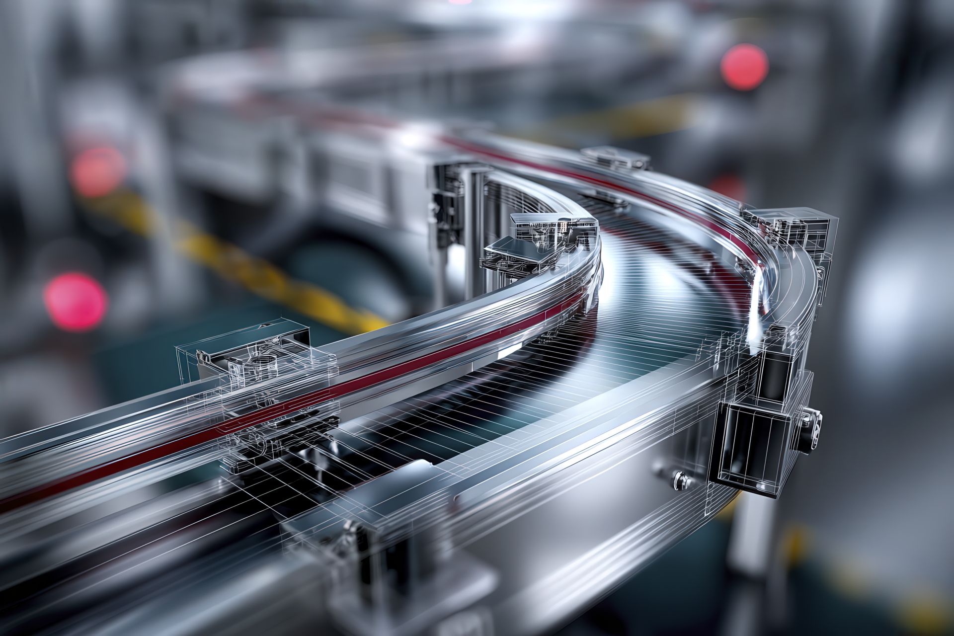 Sistema di nastri modulari con telai in alluminio, rulli motorizzati, guide laterali e sensori; overlay CAD semi-trasparente con quote e dettagli rullo/tenditore; effetto motion/zoom; palette #c72831 / #1e316b.