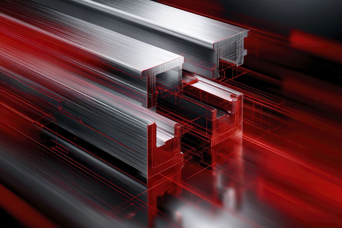 Profilo in alluminio estruso modulare con sovrapposizioni vettoriali rosse e sfondo in movimento