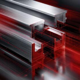 Profilo in alluminio estruso modulare con sovrapposizioni vettoriali rosse e sfondo in movimento