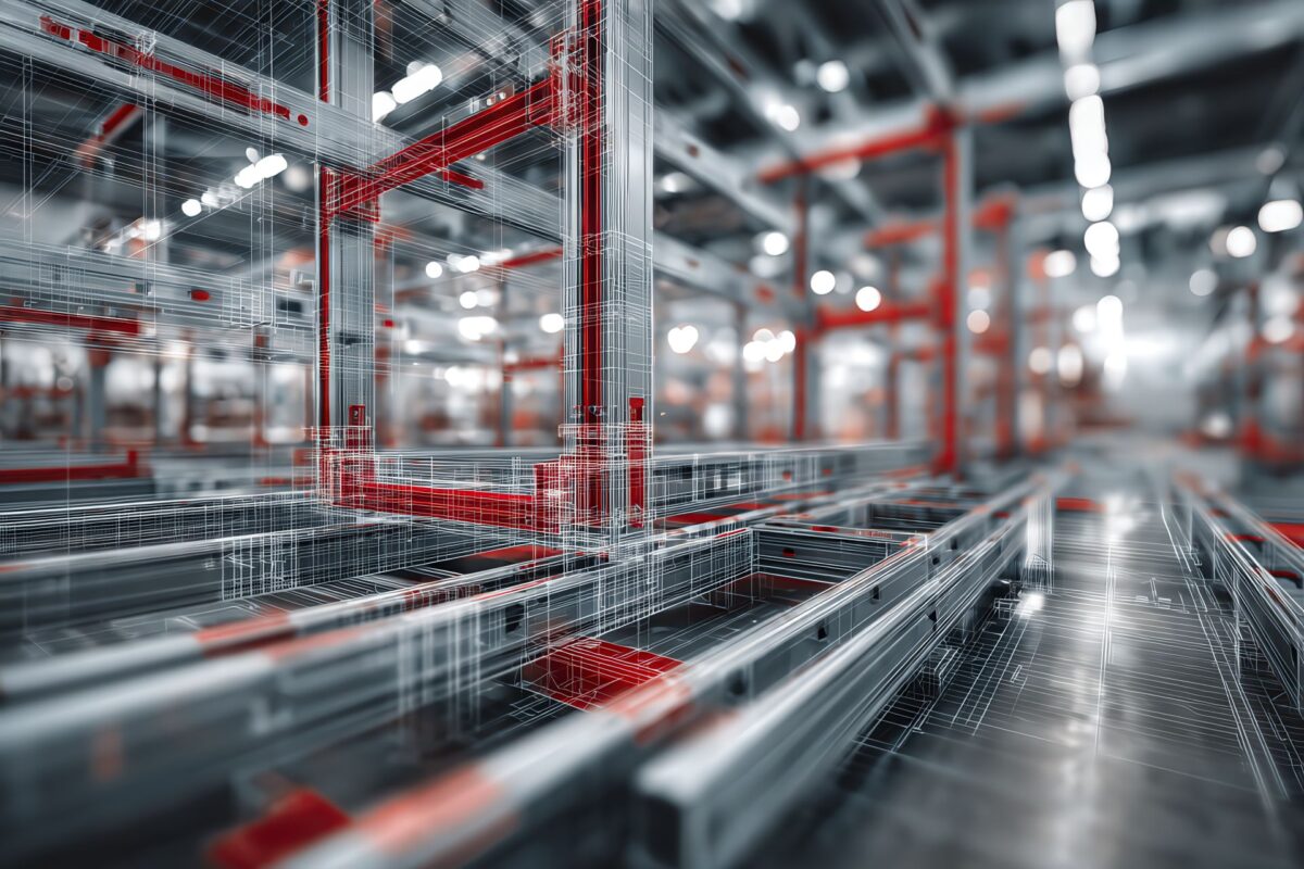 Profili strutturali in alluminio assemblati in fabbrica con dettagli rossi e overlay CAD