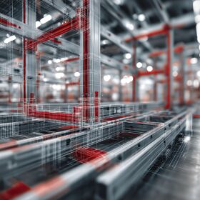 Profili strutturali in alluminio assemblati in fabbrica con dettagli rossi e overlay CAD