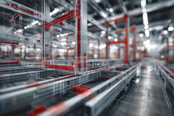 Profili strutturali in alluminio assemblati in fabbrica con dettagli rossi e overlay CAD