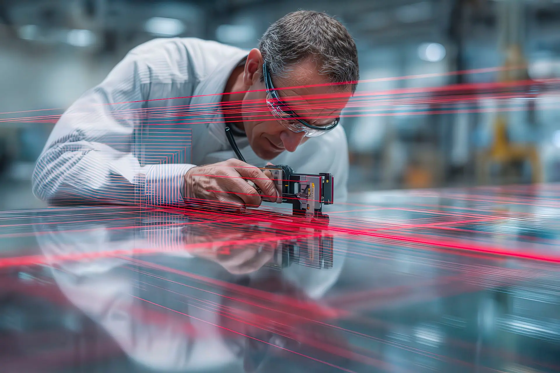 LPM GROUP engineer inspecting a custom polycarbonate safety screen with CAD overlay