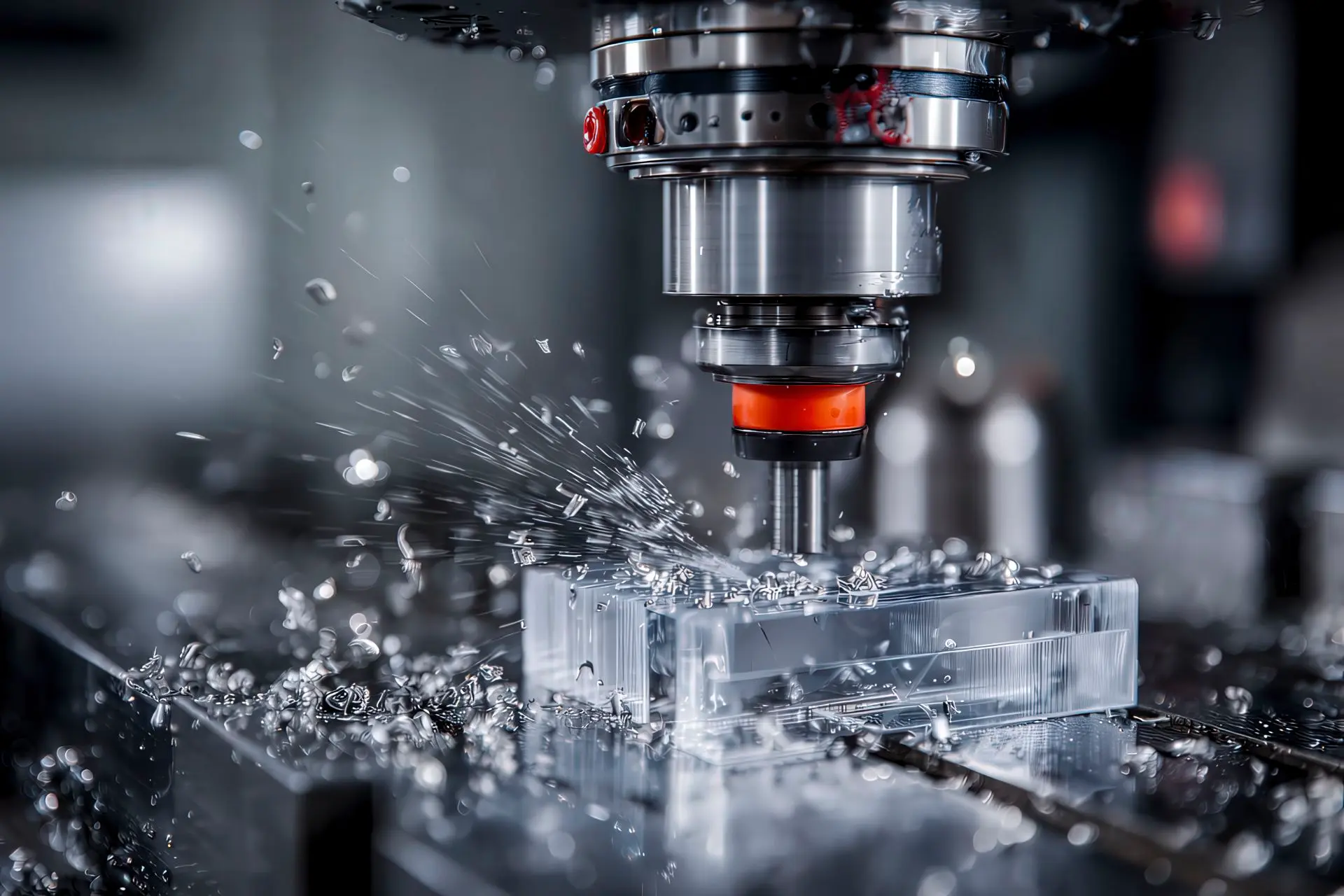 Close-up of a 5-axis CNC milling machine cutting transparent polycarbonate with flying chips
