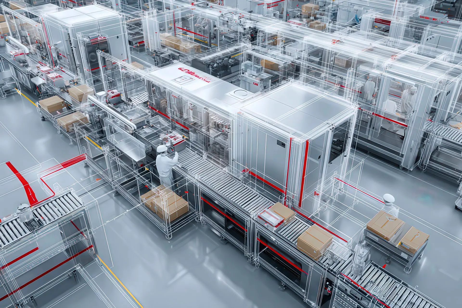 Vista dall’alto di linea automatica con postazioni ergonomiche in alluminio e protezioni LPM GROUP