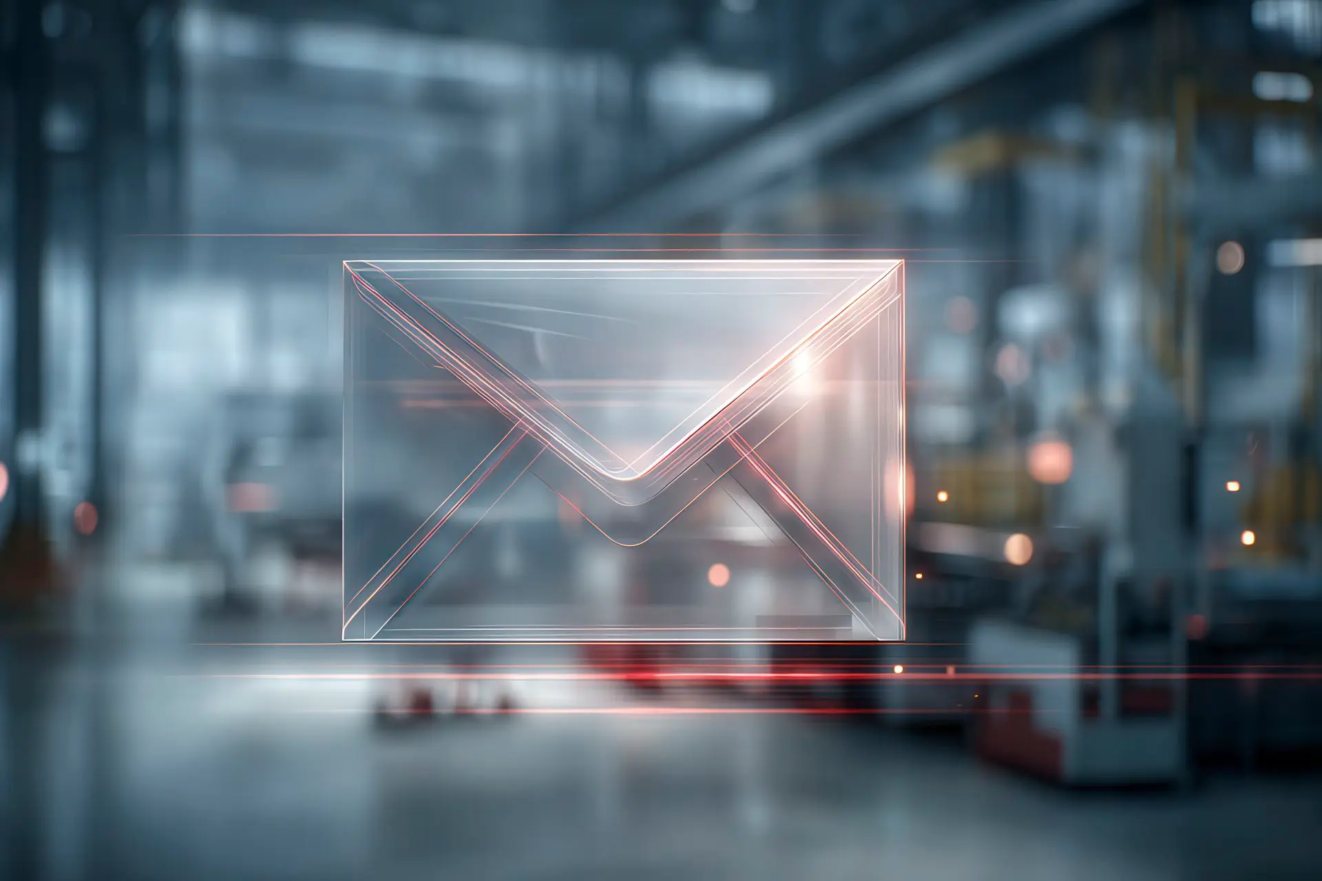 Ambiente industriale LPM GROUP visto attraverso una busta email traslucida con accenti rosso LPM e luci in movimento