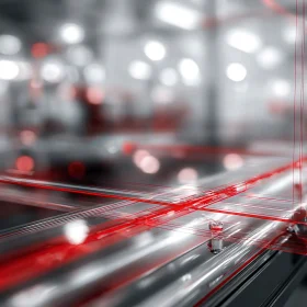 Close-up of a transparent polycarbonate safety shield with red CAD overlay