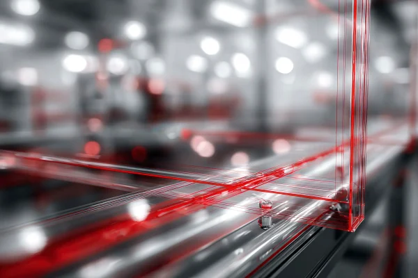 Close-up of a transparent polycarbonate safety shield with red CAD overlay