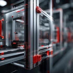 Protezioni antinfortunistiche come carrozzeria tecnica di una linea automatica con dettagli rossi LPM