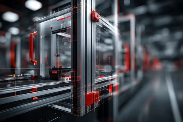 Protezioni antinfortunistiche come carrozzeria tecnica di una linea automatica con dettagli rossi LPM