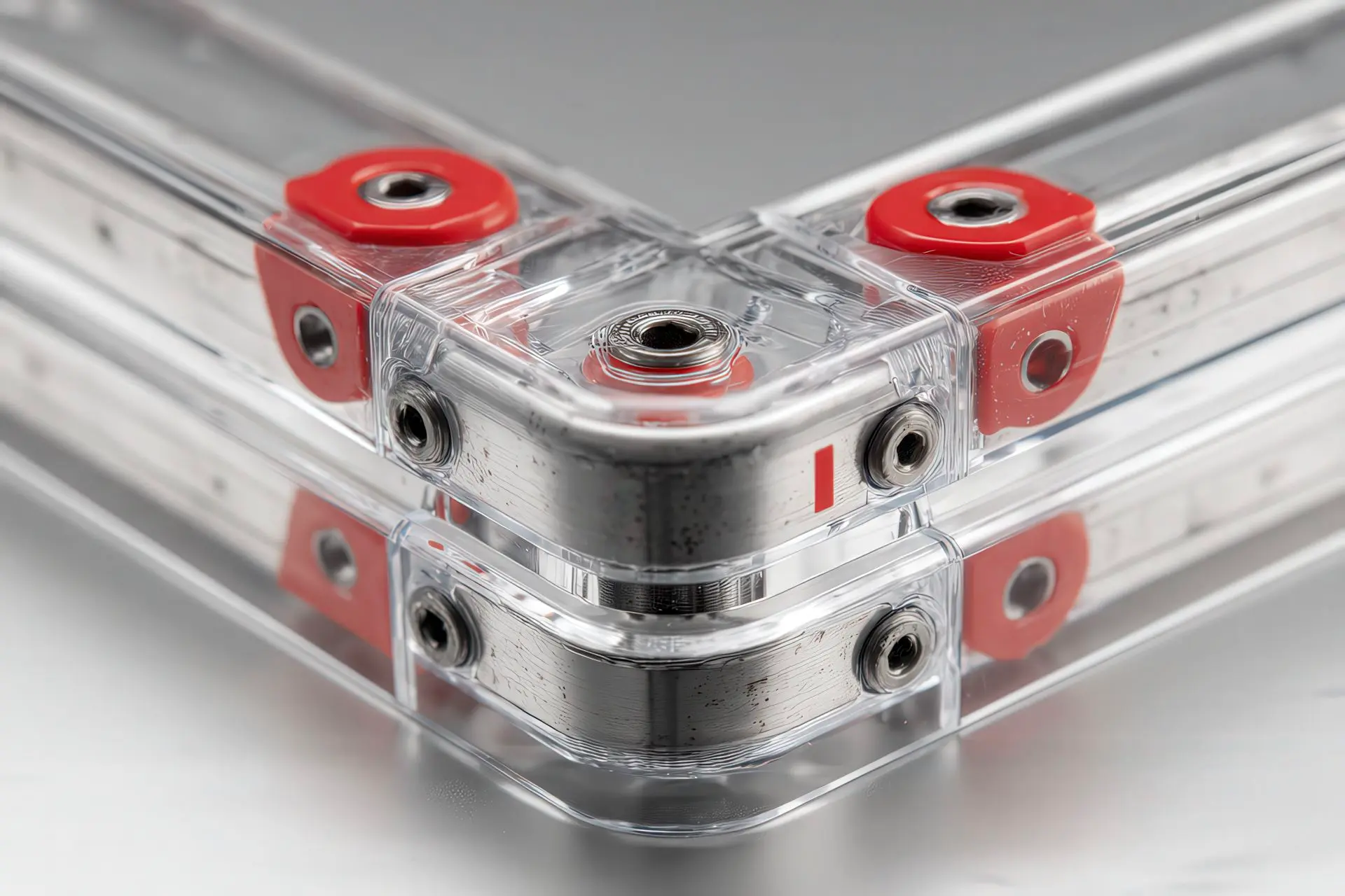 Primo piano di giunzione, cerniera e maniglia di una protezione con accenti rossi LPM