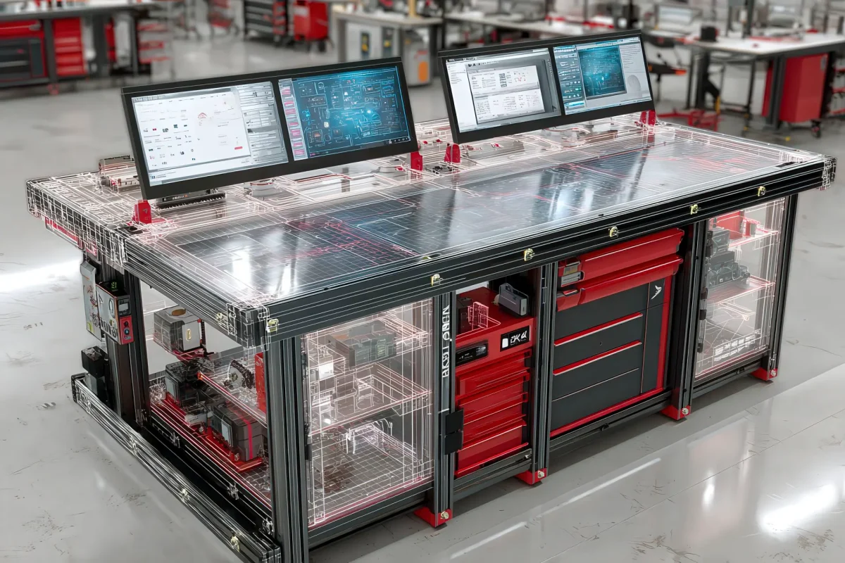 Banco di lavoro custom per lean production con interfacce tecniche e overlay CAD rossi Descrizione: Soluzione industriale avanzata per banchi di lavoro customizzati, pensata per processi lean, assemblaggio, test e continuità produttiva.