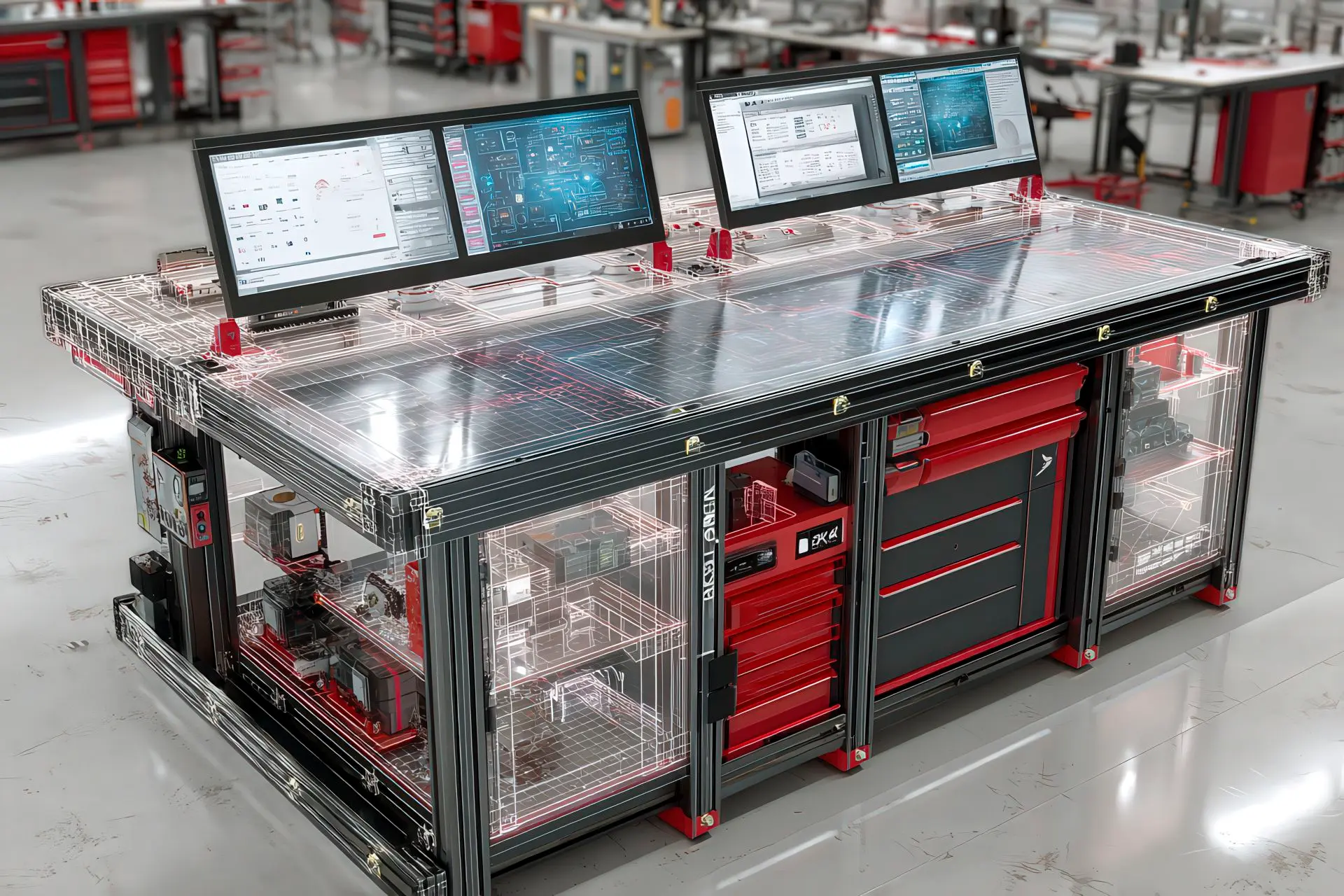 Banco di lavoro custom per lean production con interfacce tecniche e overlay CAD rossi