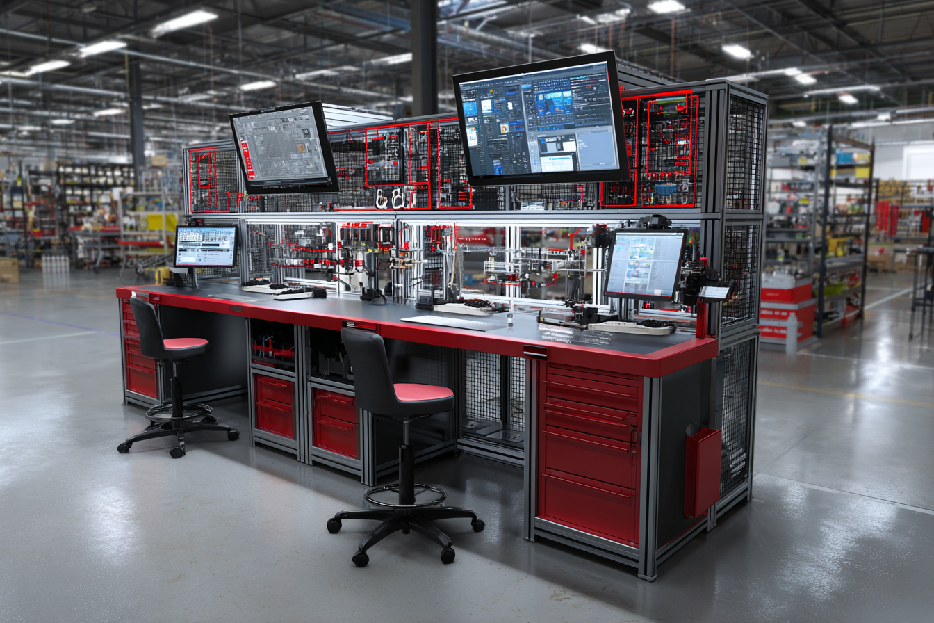 Banco custom industriale con zone ergonomiche e dettagli CAD CAM rossi