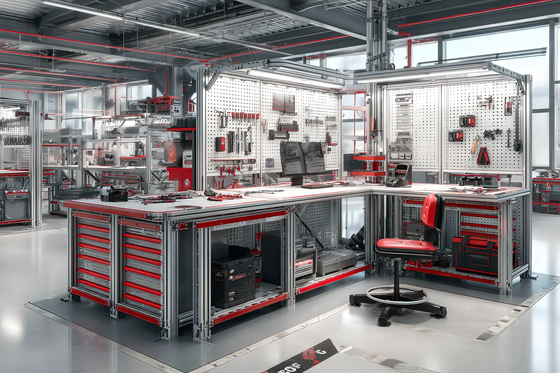 Banco di lavoro lean modulare in fabbrica con overlay tecnici rossi