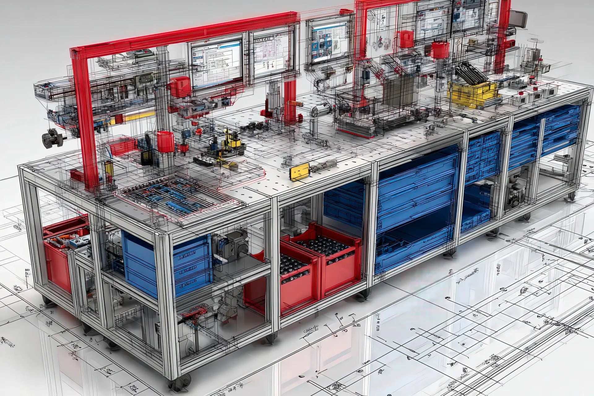 Banco di lavoro modulare con componenti tecnici e overlay esploso CAD in rosso