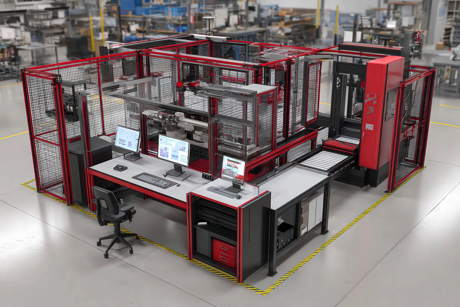 Banco di lavoro tecnico con accessi manutentivi e overlay sezionale CAD rosso