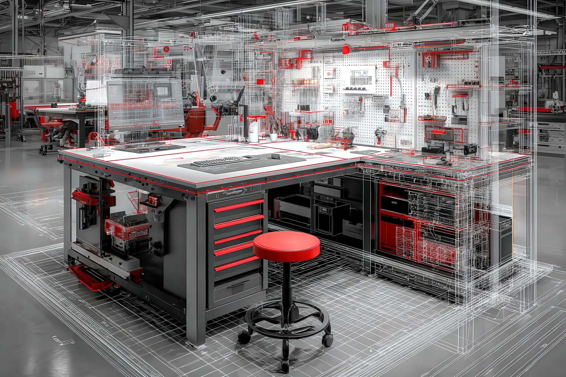 Banco di lavoro standard in contesto industriale con overlay tecnici rossi