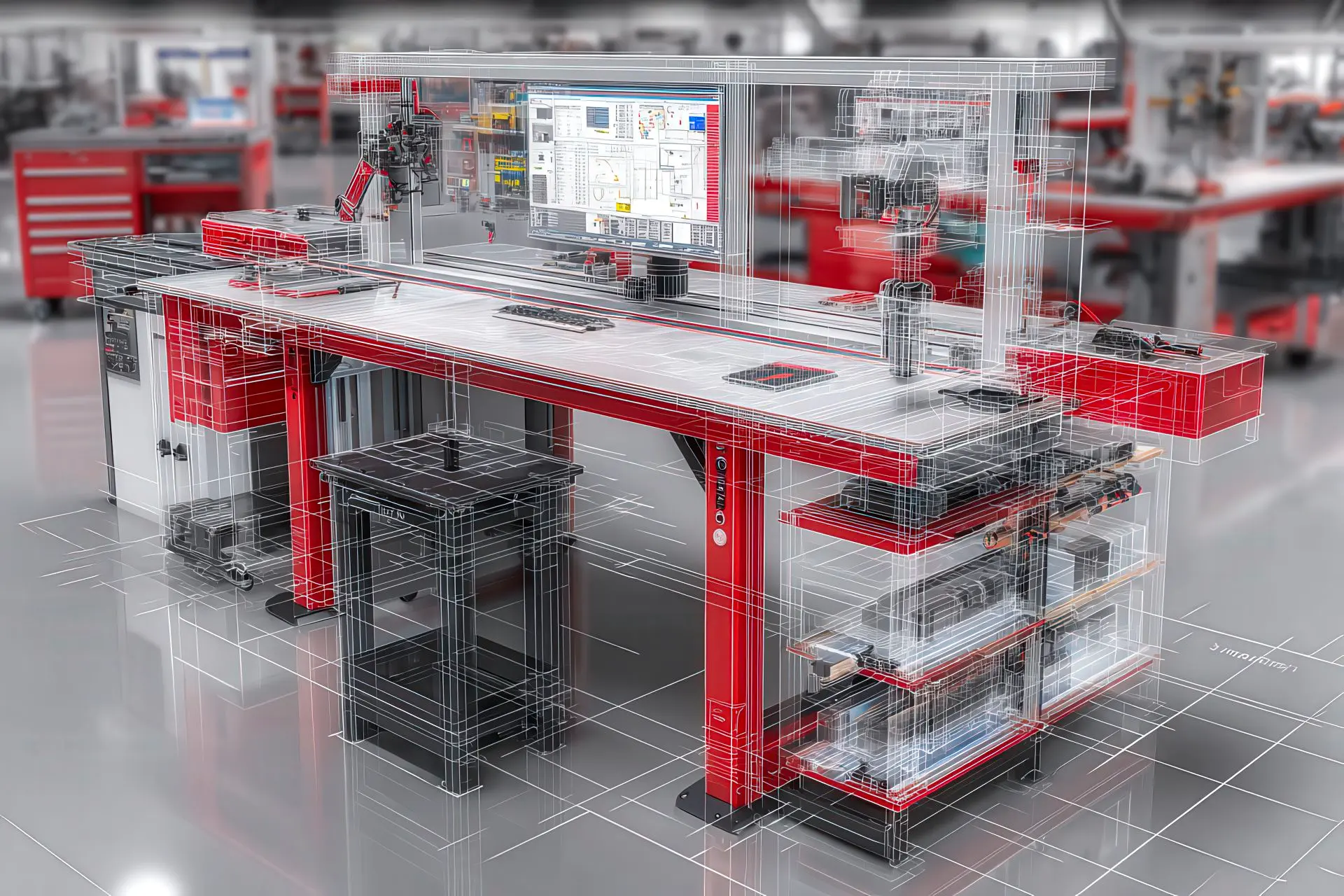 Banco di lavoro ergonomico con aree di presa e dettagli CAD CAM in rosso