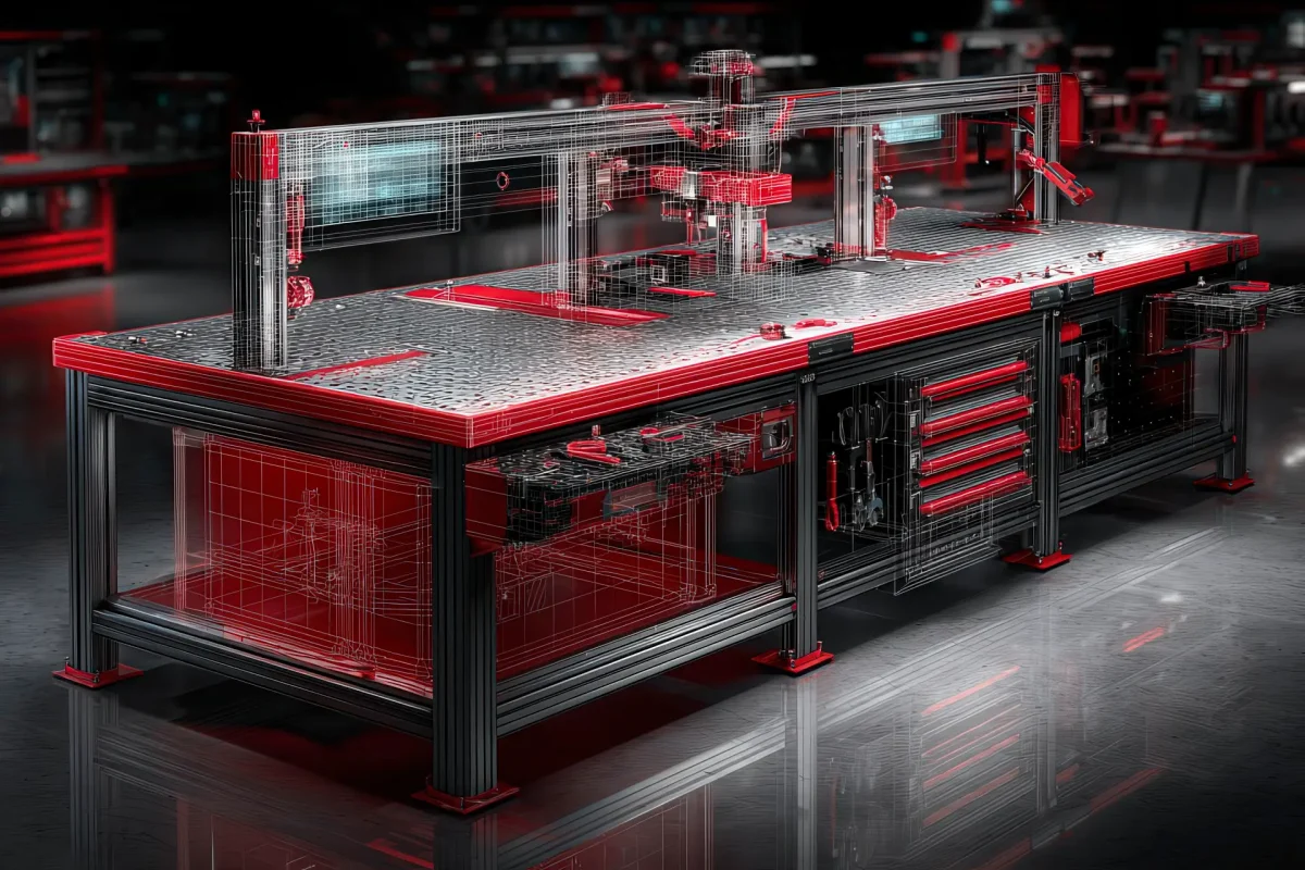 Banco di lavoro industriale lean con dettagli CAD CAM e sovrapposizioni rosse LPM