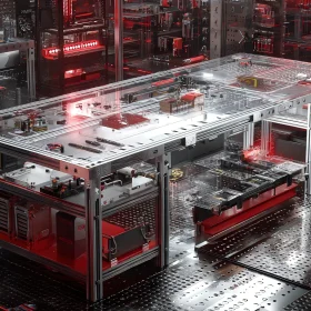 Banco di lavoro custom industriale con overlay CAD CAM rossi e struttura modulare LPM