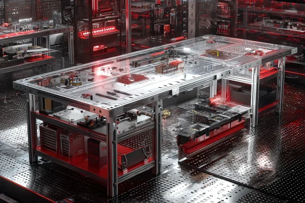 Banco di lavoro custom industriale con overlay CAD CAM rossi e struttura modulare LPM