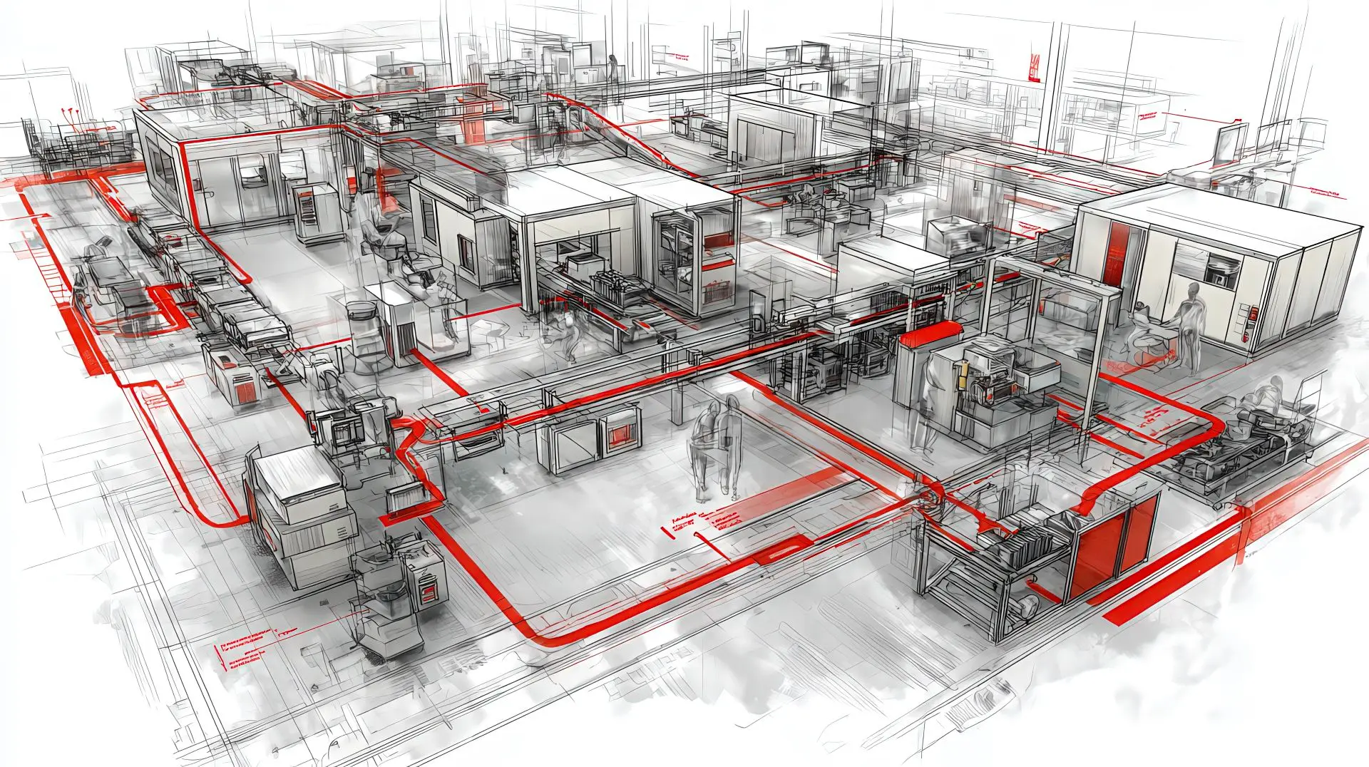 Layout industriale come sistema con overlay CAD e dettagli in rosso LPM