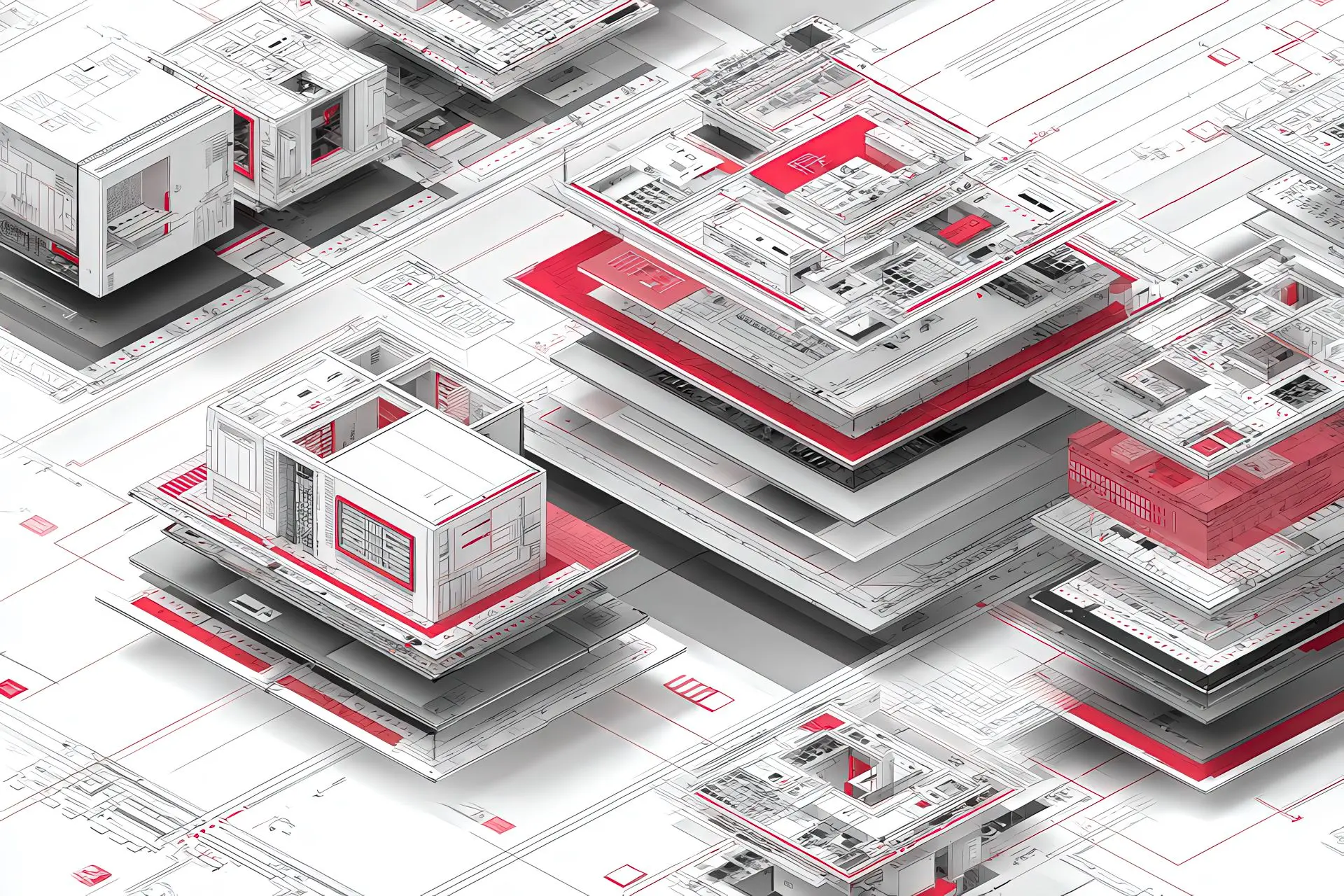 Layout industriale a livelli con revisioni e moduli in rosso LPM