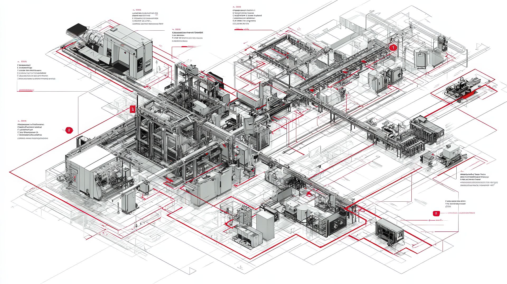 Moduli di layout industriale con overlay CAD e connessioni rosso LPM