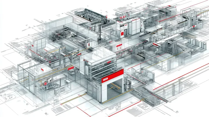 Layout industriale modulare con overlay CAD e dettagli safety in rosso LPM