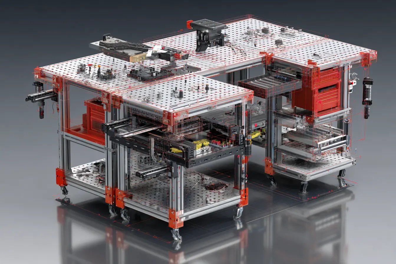 Banco custom modulare con dettagli esplosi CAD CAM in rosso