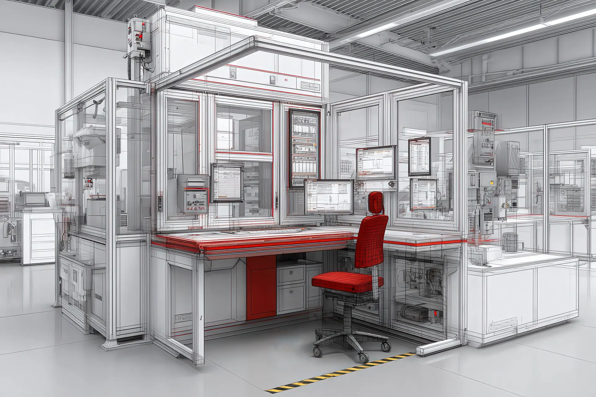 Banco di lavoro custom con accessi manutentivi e dettagli tecnici rossi