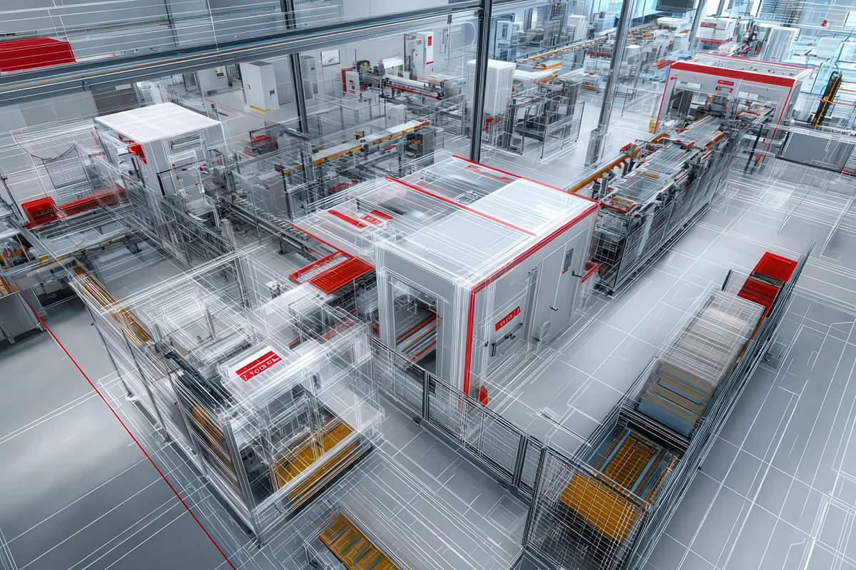 Linea automatica con protezioni trasparenti, zone di accesso tecnico e dettagli rossi LPM GROUP