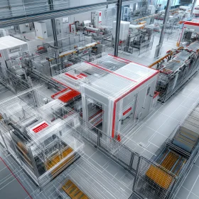 Linea automatica con protezioni trasparenti, zone di accesso tecnico e dettagli rossi LPM GROUP