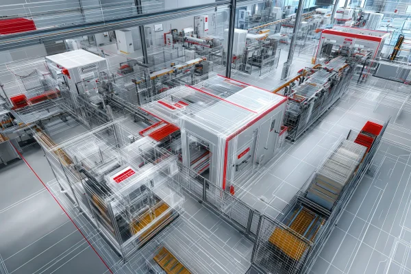 Linea automatica con protezioni trasparenti, zone di accesso tecnico e dettagli rossi LPM GROUP