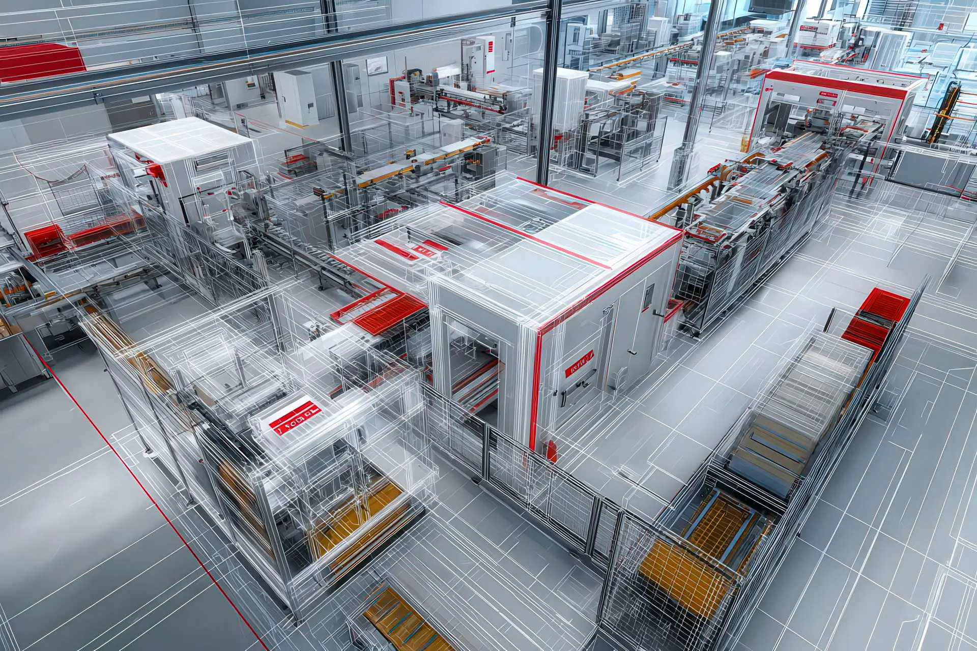 Linea automatica con protezioni trasparenti, zone di accesso tecnico e dettagli rossi LPM GROUP