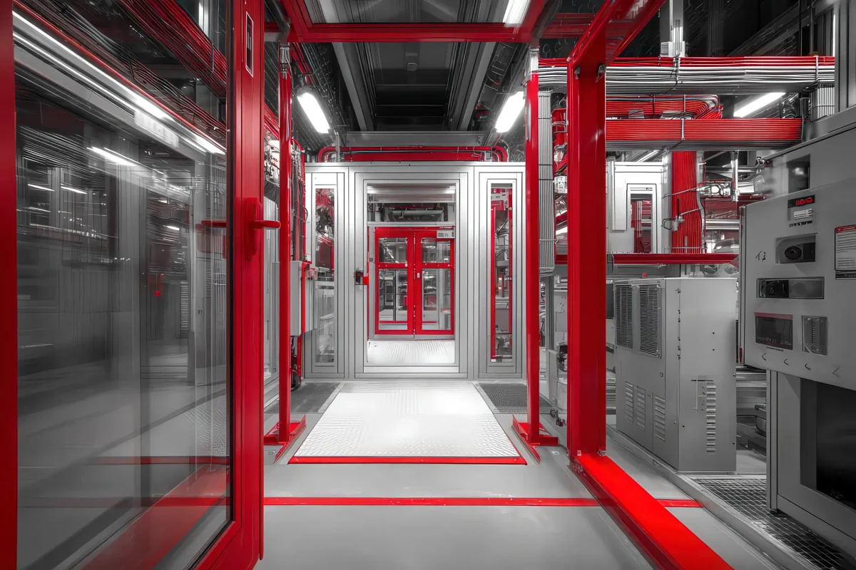 Sistema di protezione industriale con accessi tecnici rapidi, pannelli trasparenti e dettagli rossi LPM GROUP
