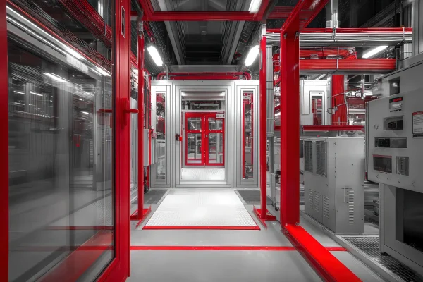 Sistema di protezione industriale con accessi tecnici rapidi, pannelli trasparenti e dettagli rossi LPM GROUP