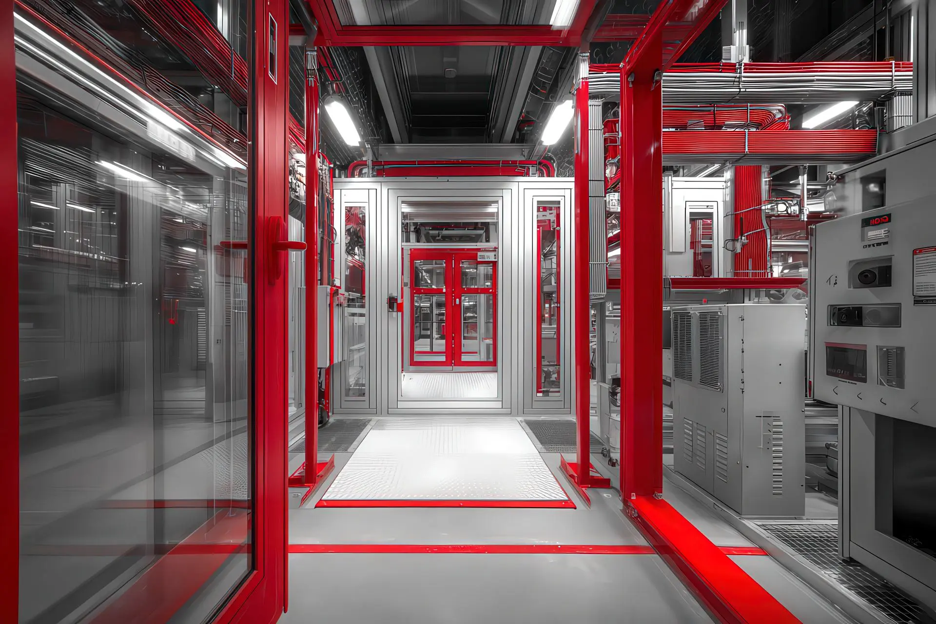 Sistema di protezione industriale con accessi tecnici rapidi, pannelli trasparenti e dettagli rossi LPM GROUP