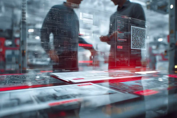 Ingegneri e azienda discutono su cataloghi tecnici con QR code e sistemi industriali sullo sfondo