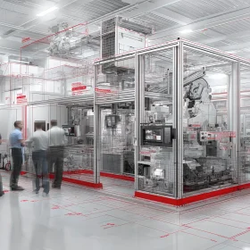 Team tecnico che analizza un sistema di protezione integrato nel layout di una macchina automatica