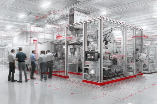 Team tecnico che analizza un sistema di protezione integrato nel layout di una macchina automatica